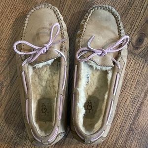 Ugg moccasins/slippers with pink leather tie size 9